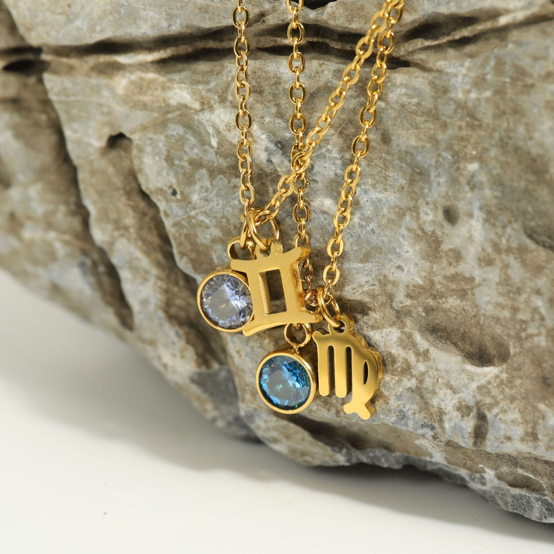 Collar de acero inoxidable con piedra natal y runa del zodíaco de Olivenorma