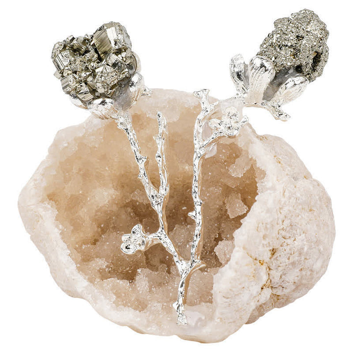 Geoda natural de Olivenorma con capullos de rosa de amatista como decoración con piedras preciosas