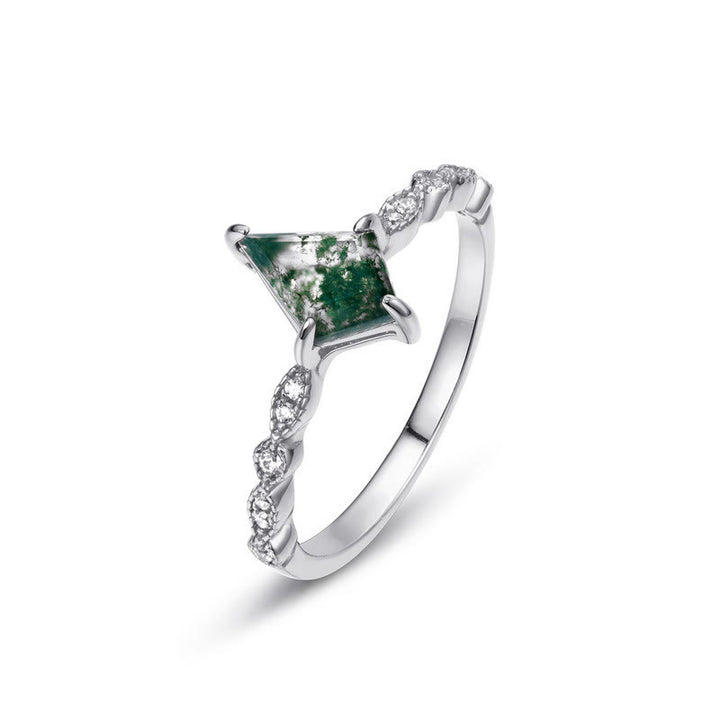 Anillo de cuatro puntas con ágata musgosa y circonita blanca de Olivenorma 