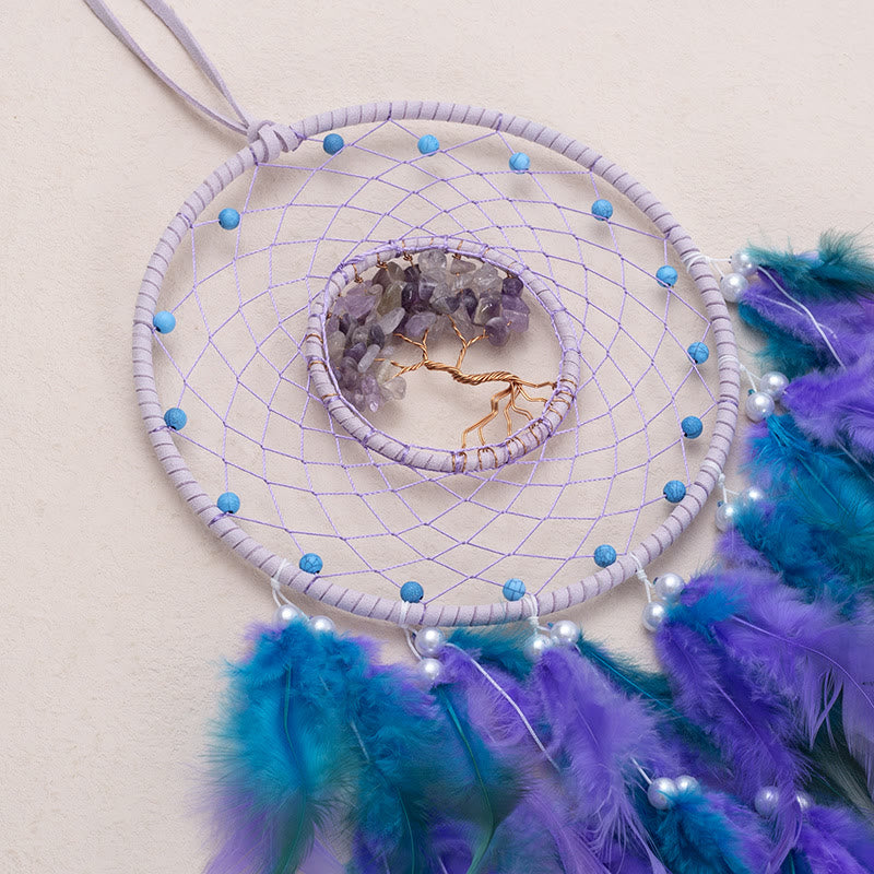 Atrapasueños con plumas de árbol de la vida de cristal de Olivenorma