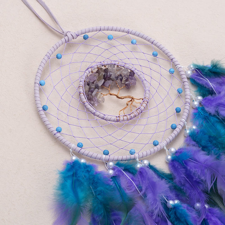 Atrapasueños con plumas de árbol de la vida de cristal de Olivenorma