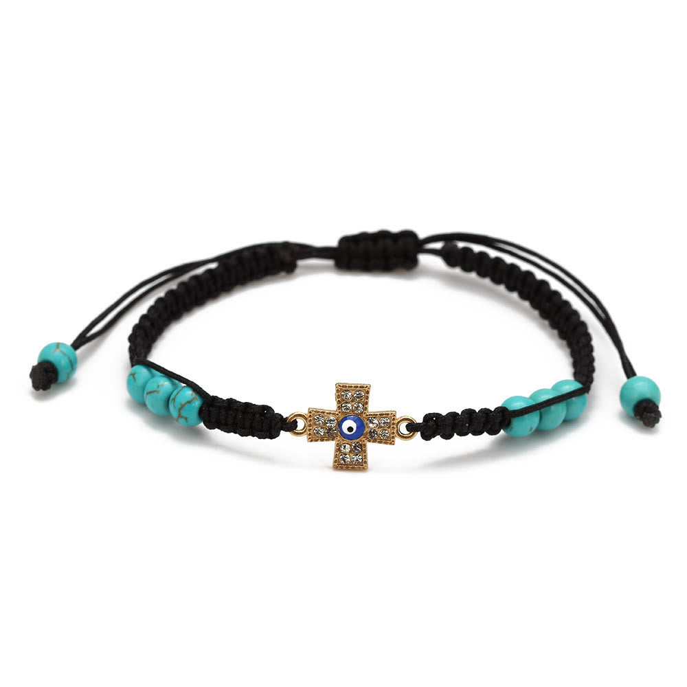 Pulsera trenzada ajustable con ojo malvado y circonita blanca y turquesa de Olivenorma 