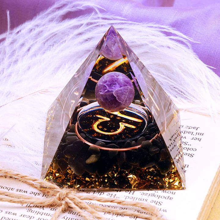 Pirámide de orgón del zodiaco Libra con esfera de amatista y obsidiana de Olivenorma 