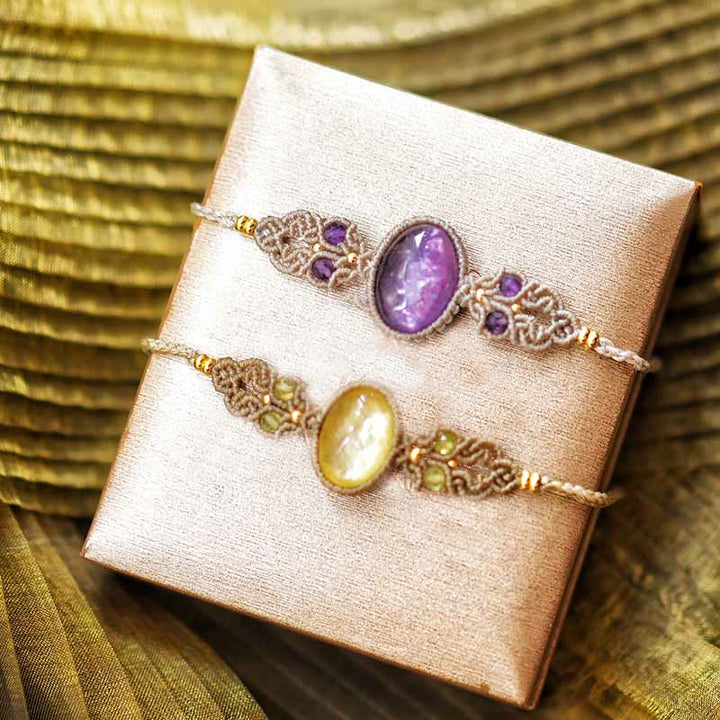 Pulsera y collar de amatista y charoita tejida a mano de Olivenorma