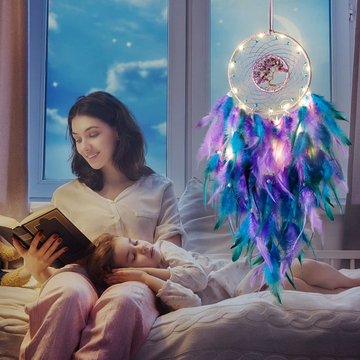 Atrapasueños con plumas de árbol de la vida de cristal de Olivenorma