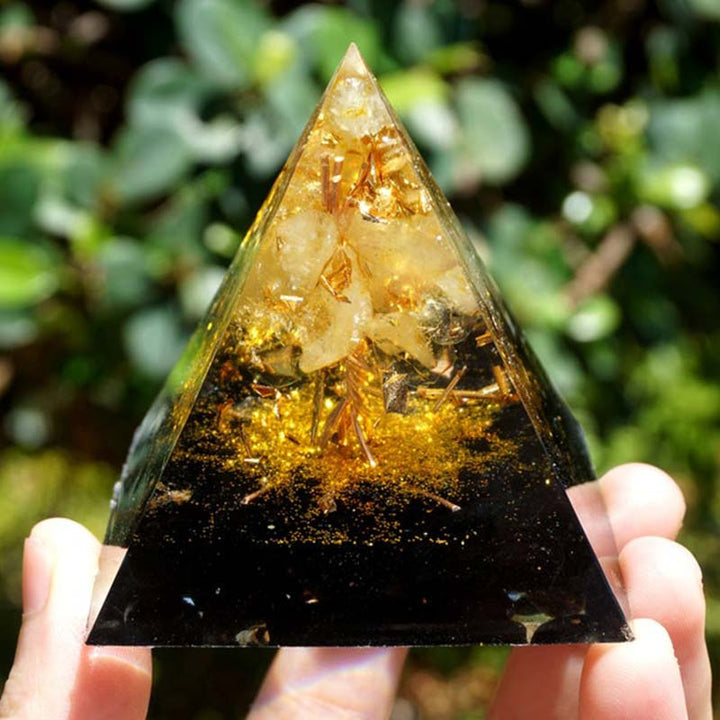 Pirámide de orgón del árbol de la vida de citrino y obsidiana de Olivenorma