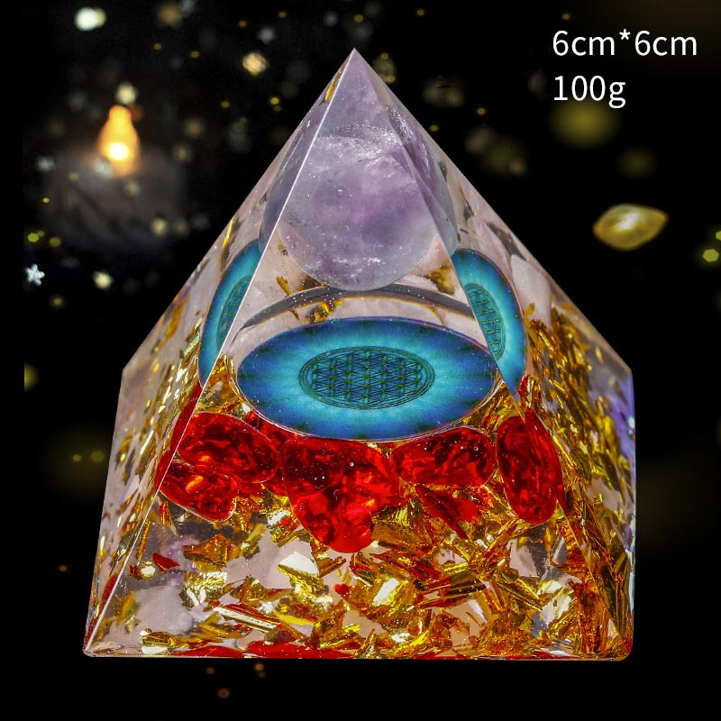 Esfera de amatista de Olivenorma con pirámide de orgón de cristal rosa