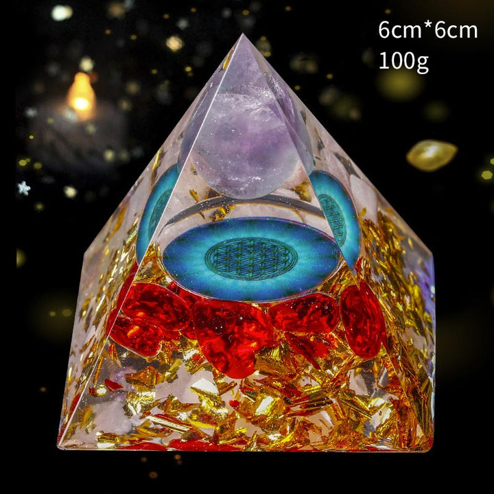 Esfera de amatista de Olivenorma con pirámide de orgón de cristal rosa