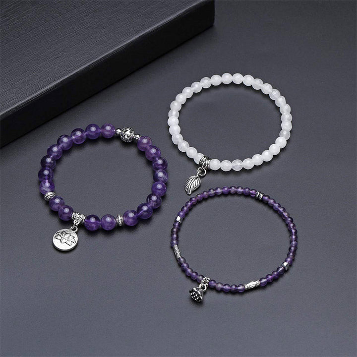 Pulsera de 3 piezas con símbolo de loto y amatista