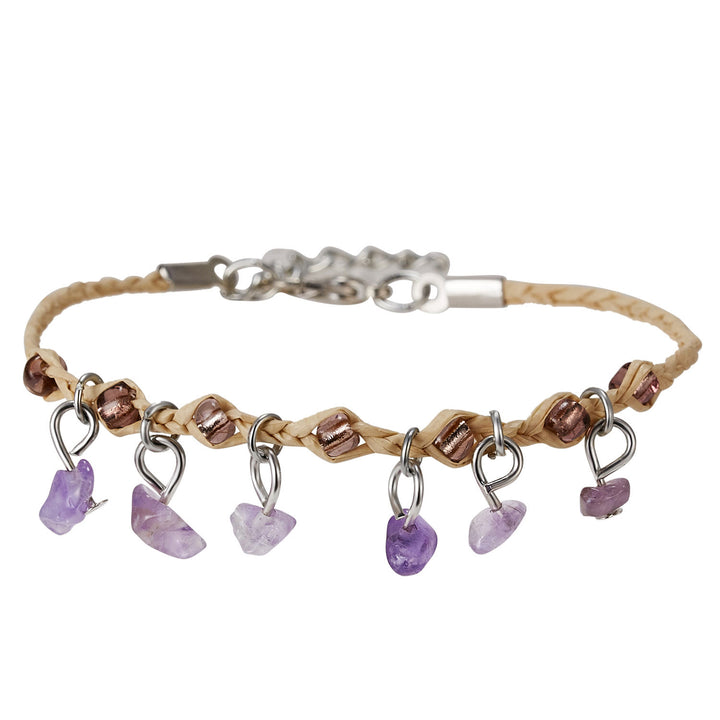 Pulsera trenzada con borlas de obsidiana, ojo de tigre y amatista de Olivenorma