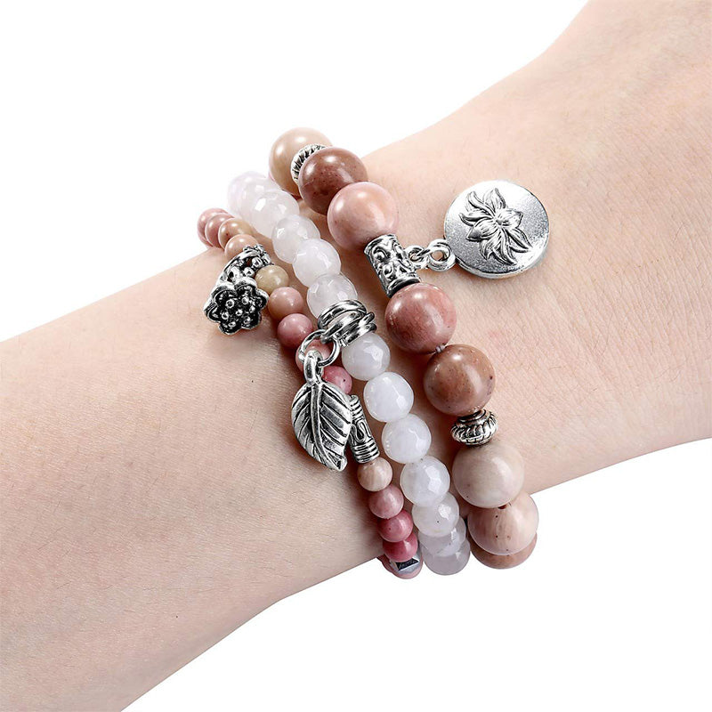 Pulsera de 3 piezas con símbolo de loto y rodocrosita de Olivenorma