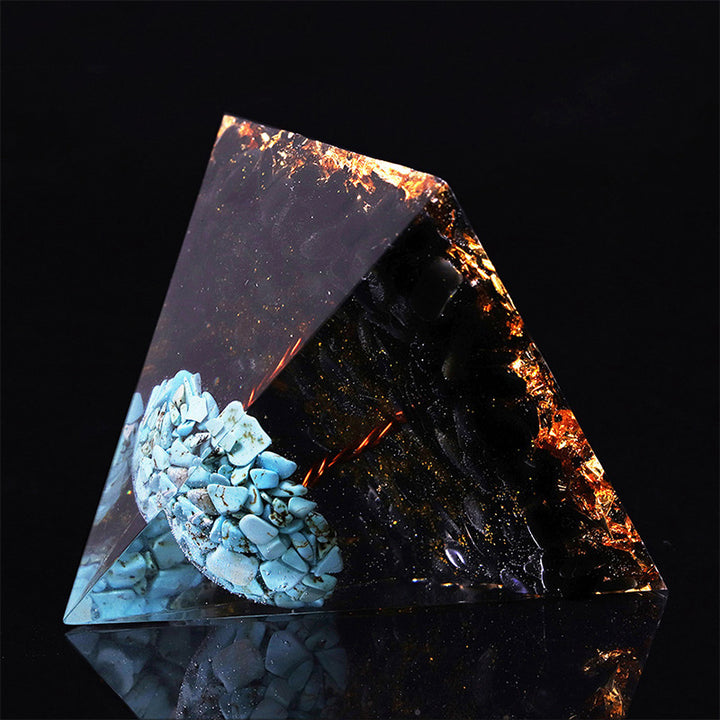Pirámide de orgón de la suerte de obsidiana con turquesa de Olivenorma 