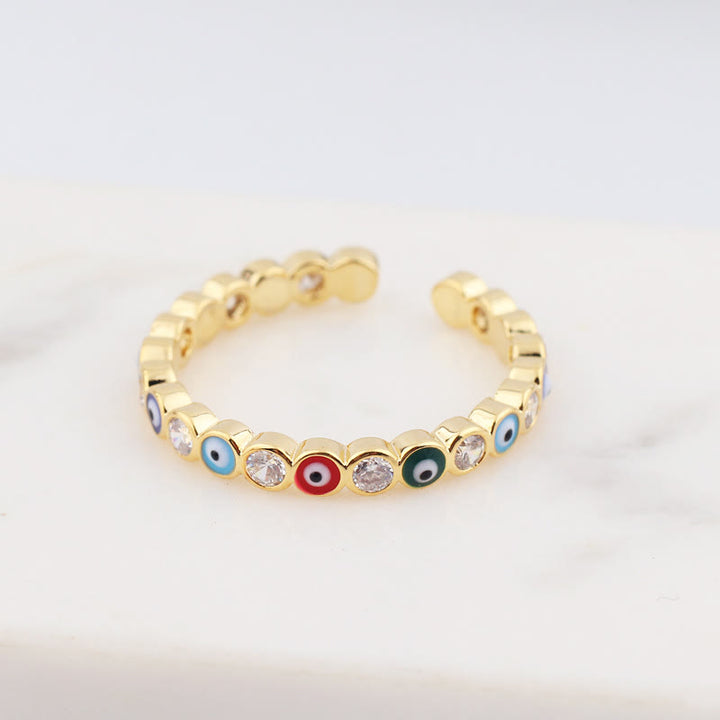 Anillo ajustable con circonita blanca y ojo malvado de colores de Olivenorma 