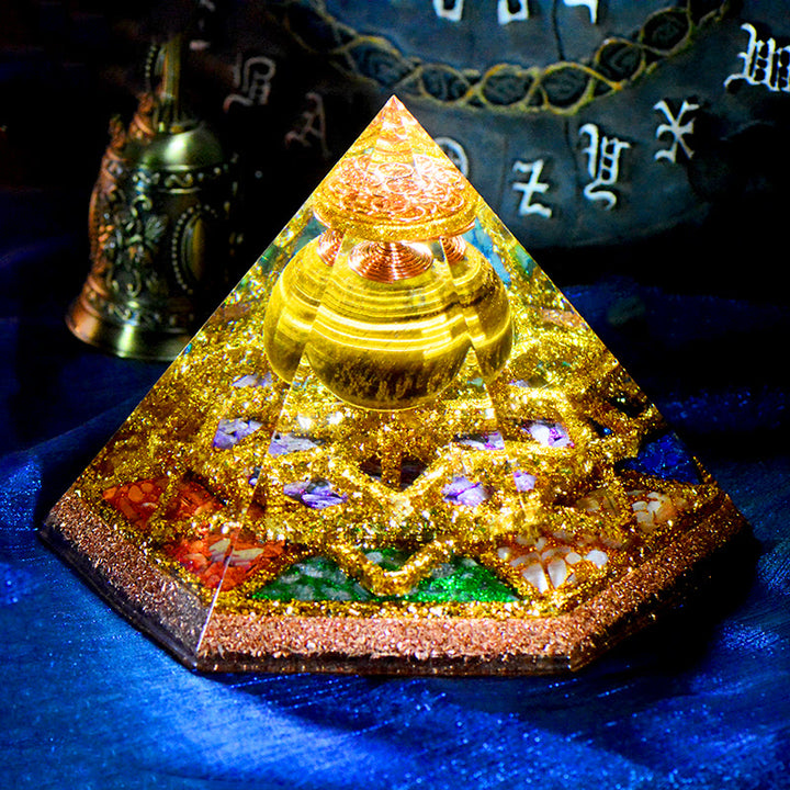 Torre de cristal de ojo de tigre hexaédrica de luz sagrada de Olivenorma Pirámide de orgón 