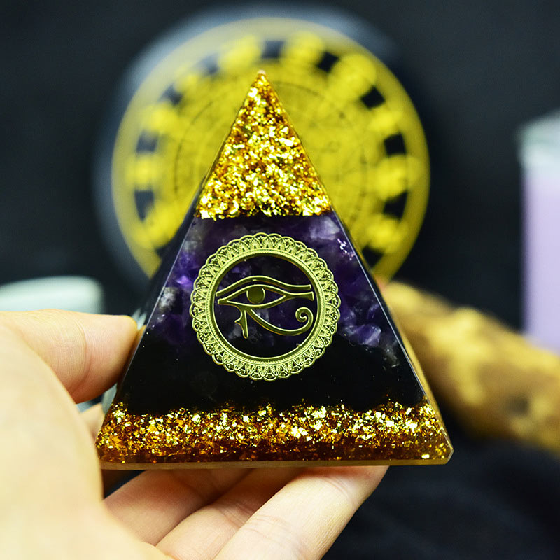 Pirámide de orgón con símbolo del ojo de Horus, amatista y obsidiana de Olivenorma 