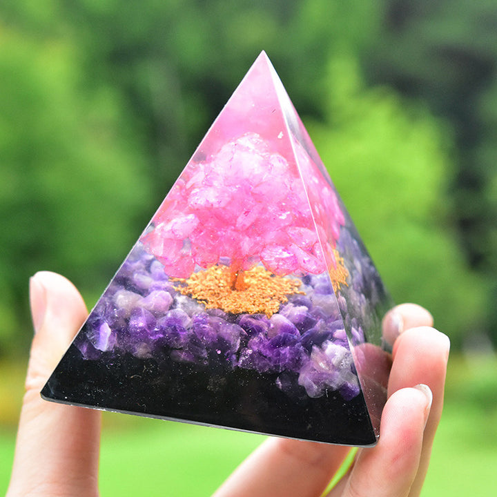Pirámide de orgón de cristal rosa y amatista con árbol de la vida de Olivenorma