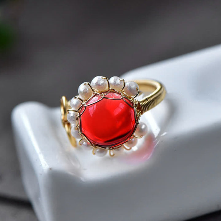 Anillo curativo de cuarzo rojo con perla