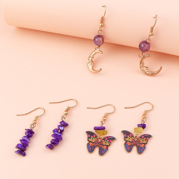 Juego de pendientes con colgante de mariposa y luna de ágata morada y amatista de Olivenorma