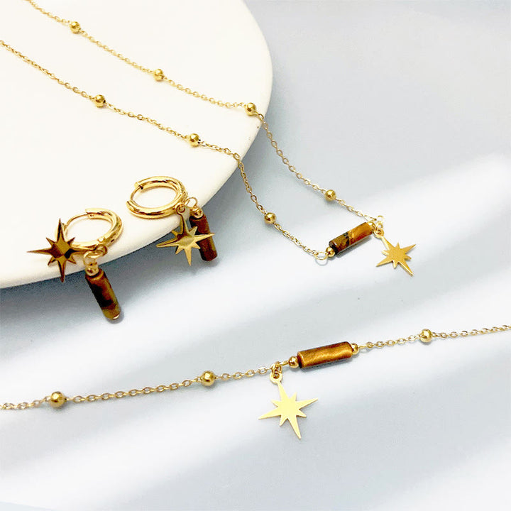 Pendientes, collar y pulsera con colgante de estrella de ojo de tigre natural de Olivenorma