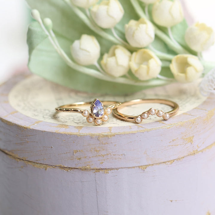 Anillo de doble capa con perla de zafiro y lágrima de Olivenorma S925