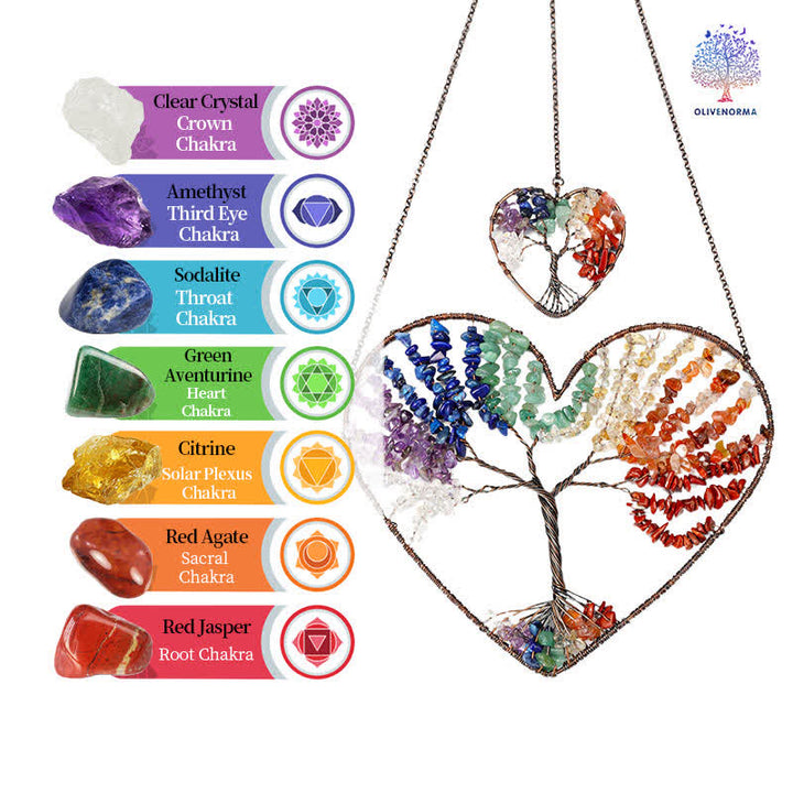 Atrapasueños de cristal con forma de corazón y árbol de la vida de los chakras de Olivenorma. 