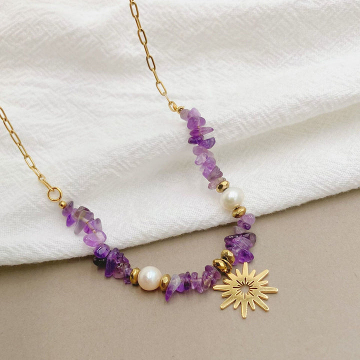 Collar con colgante de estrella de 16 puntas con perla de amatista irregular de Olivenorma