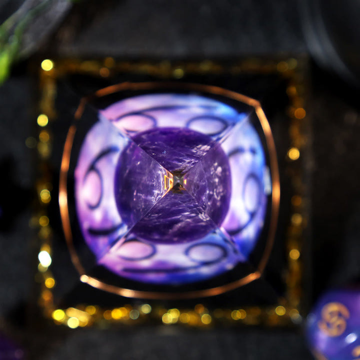 Pirámide de orgón de obsidiana con esfera de amatista y grava del zodíaco de Cáncer de Olivenorma