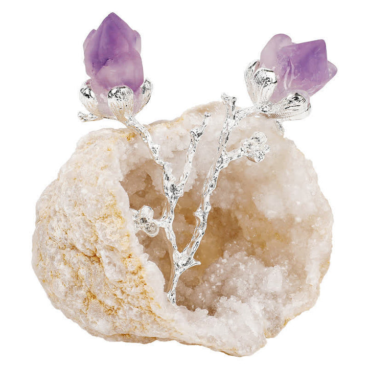 Geoda natural de Olivenorma con capullos de rosa de amatista como decoración con piedras preciosas