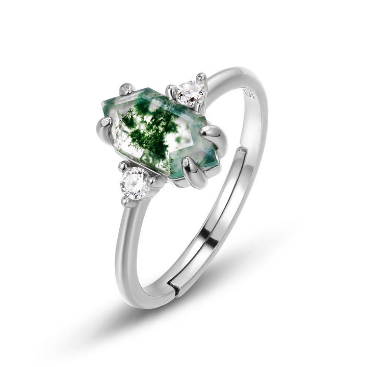 Anillo ajustable de ágata musgosa hexagonal con circonita blanca S925 de Olivenorma 