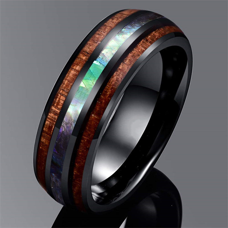 Anillo de carburo de tungsteno con concha de abulón y madera de koa de Olivenorma 