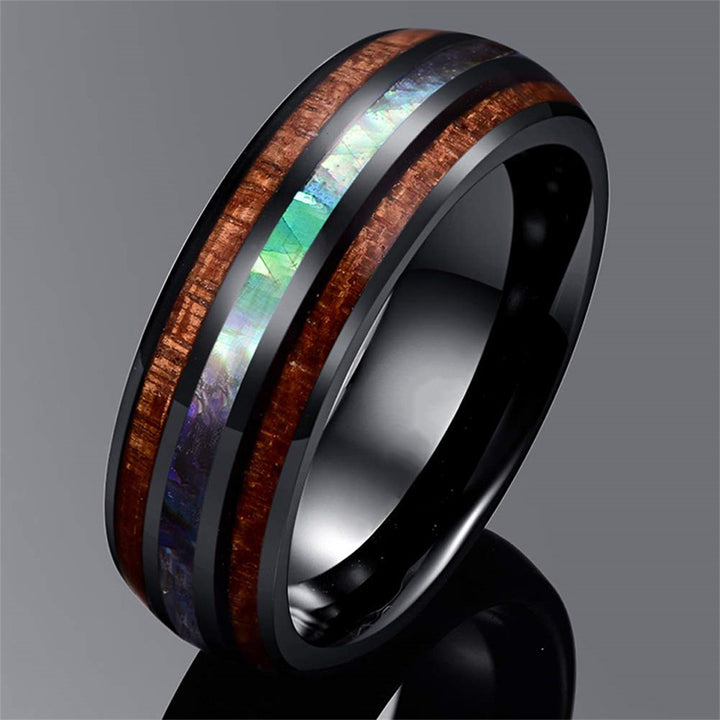 Anillo de carburo de tungsteno con concha de abulón y madera de koa de Olivenorma 