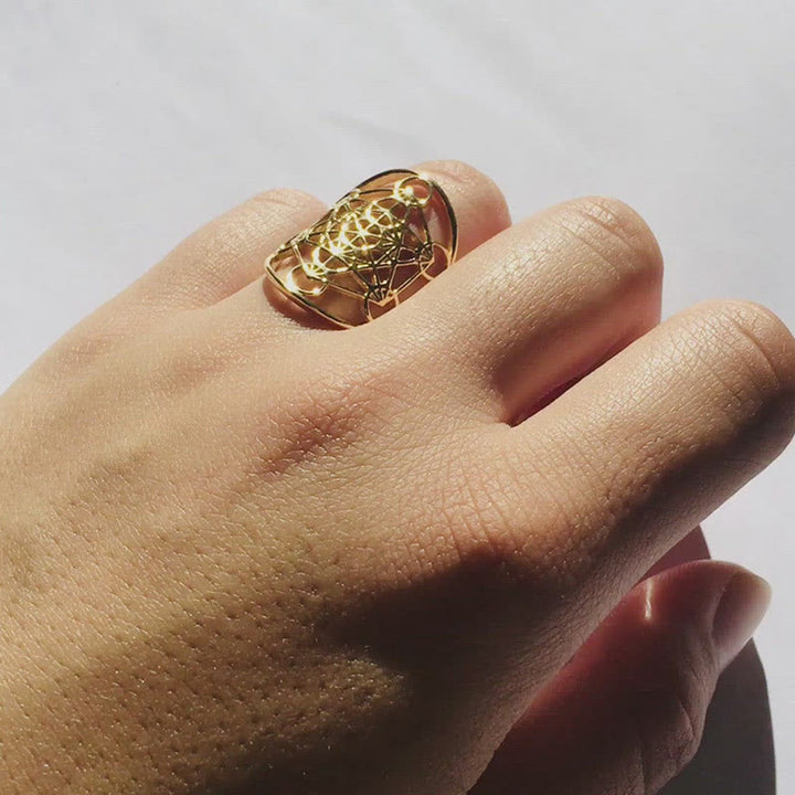 Anillo ajustable de acero inoxidable con símbolo del cubo de Metatrón de Olivenorma 