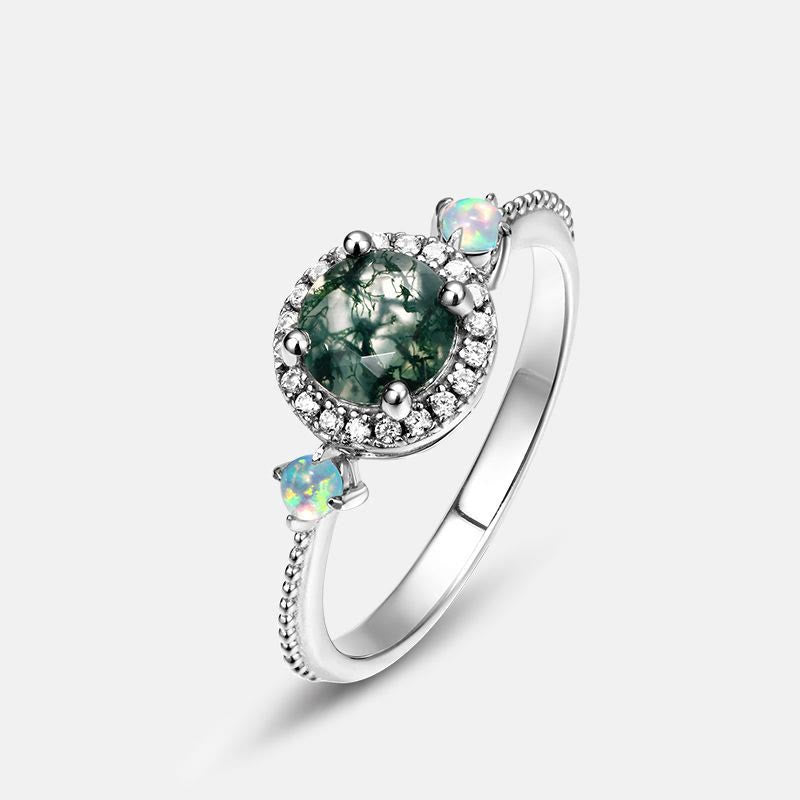 Anillo de lujo con ágata musgosa redonda y ópalo claro de Olivenorma 