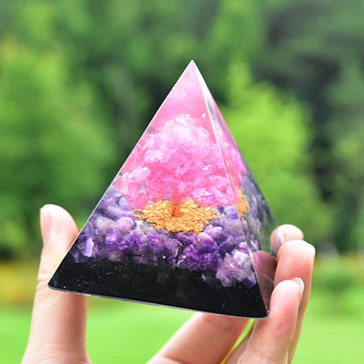 Pirámide de orgón de cristal rosa y amatista con árbol de la vida de Olivenorma
