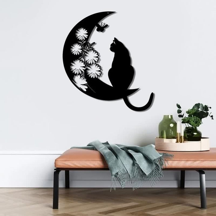 Decoración de pared de metal con forma de luna creciente y gato de Olivenorma