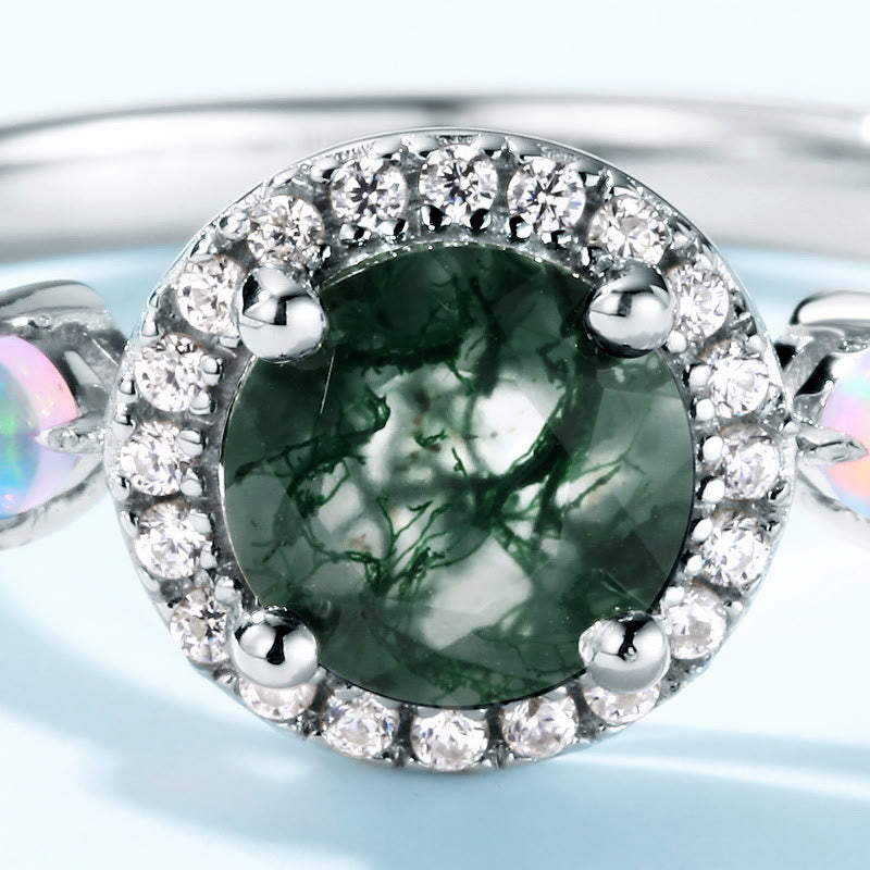Anillo de lujo con ágata musgosa redonda y ópalo claro de Olivenorma 