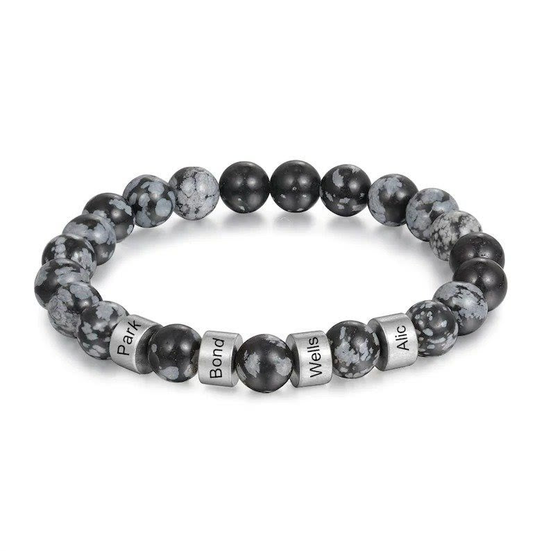 Pulsera de hombre personalizada con cuentas grabadas en piedra natural de Olivenorma