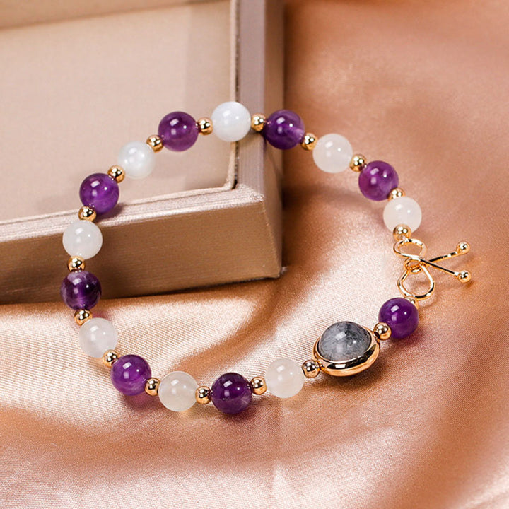 Pulsera de amatista con piedra lunar y gemas de la suerte 