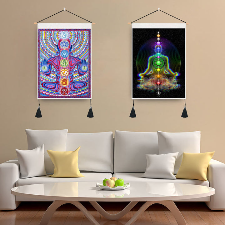 Tapiz decorativo con estampado de chakras y meditación zen de Olivenorma 