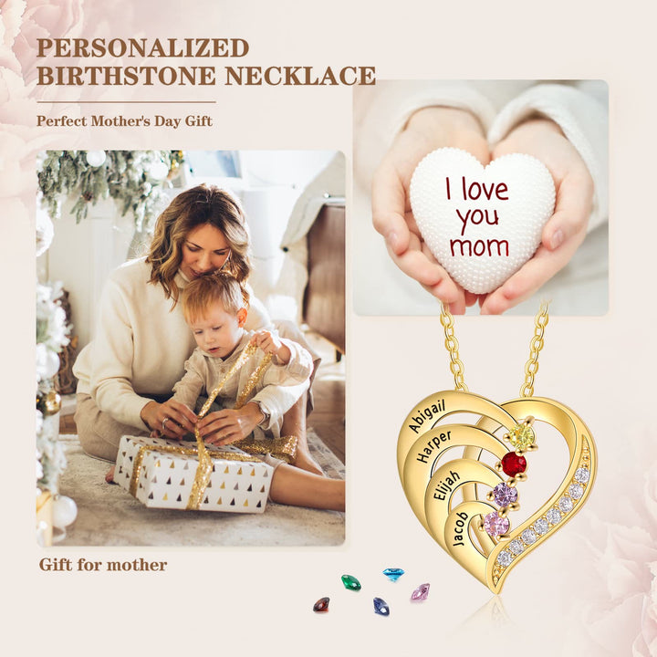 Collar con corazón grabado y piedras de nacimiento personalizadas de Olivenorma