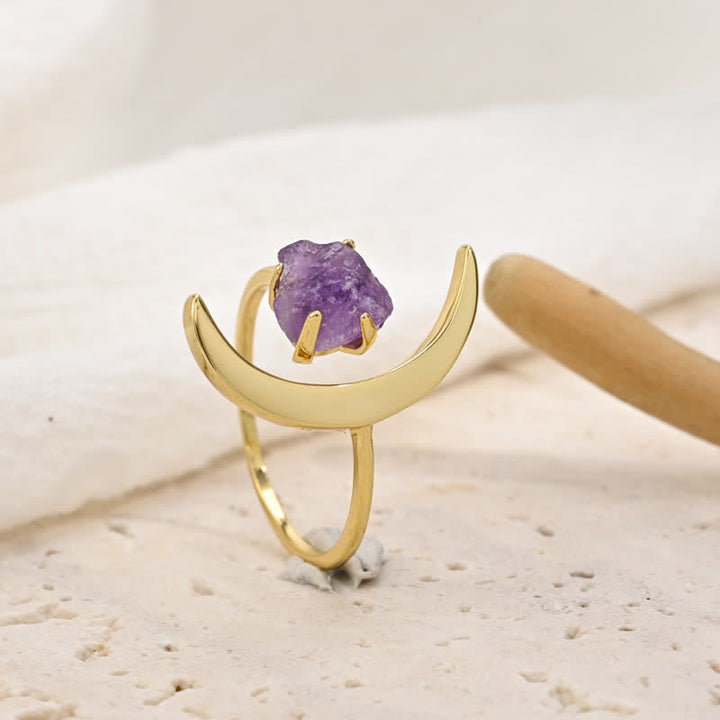 Anillo ajustable curativo de amatista con estrella y luna