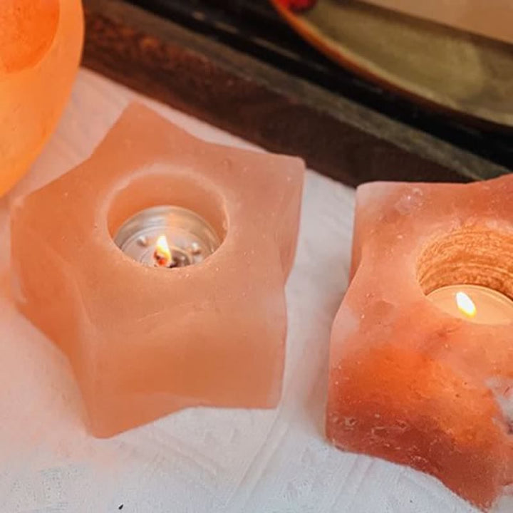Candelabro con forma de estrella de Olivenorma, lámpara de sal rosa del Himalaya