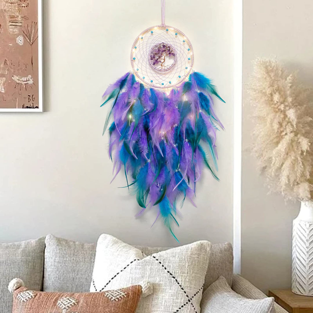 Atrapasueños con plumas de árbol de la vida de cristal de Olivenorma
