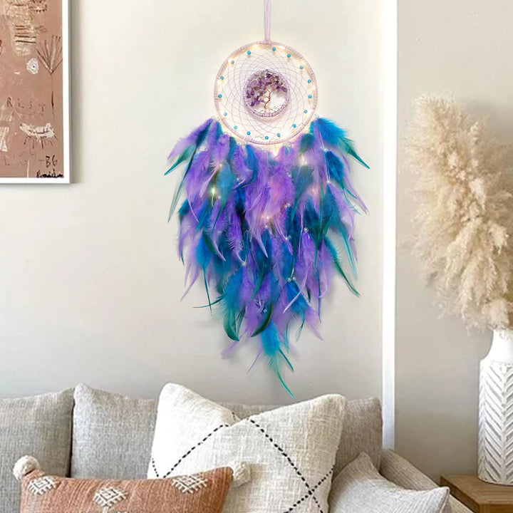 Atrapasueños con plumas de árbol de la vida de cristal de Olivenorma