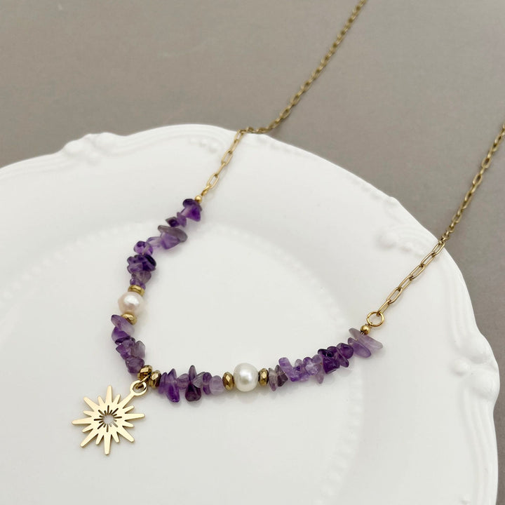 Collar con colgante de estrella de 16 puntas con perla de amatista irregular de Olivenorma