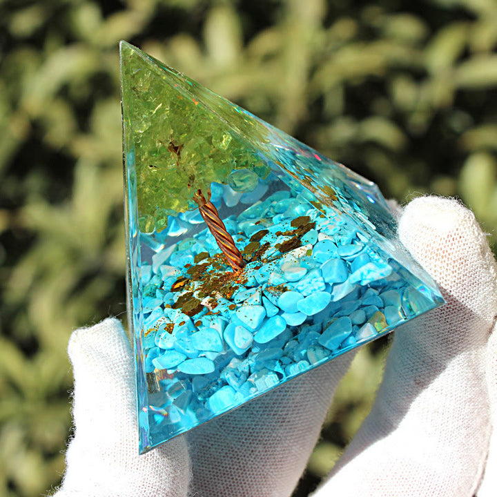Pirámide de orgón del árbol de la vida de amazonita y peridoto de Olivenorma