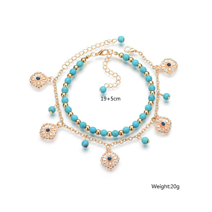 Juego de 2 tobilleras bohemias con colgante de flor de diamante turquesa de Olivenorma