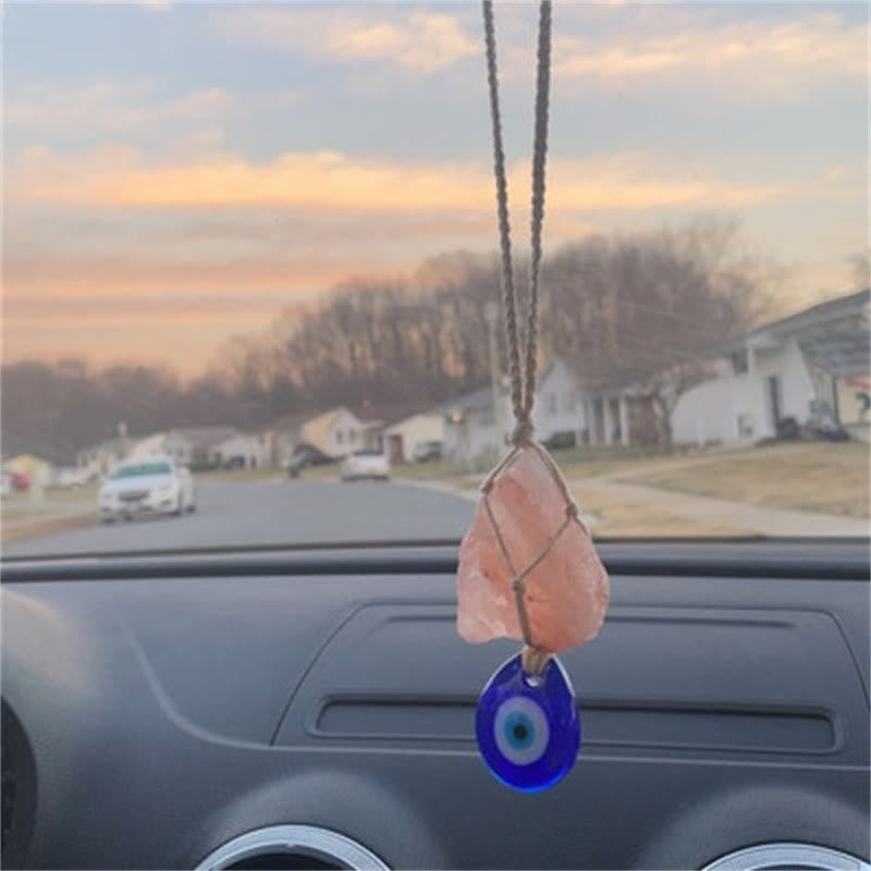 Adorno para coche con piedra de cuarzo rosa original de Olivenorma con forma de ojo malvado 