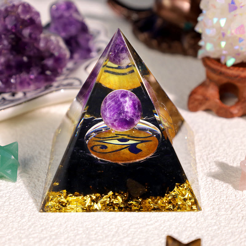 Pirámide de orgón con ojo de Horus, amatista y obsidiana de Olivenorma
