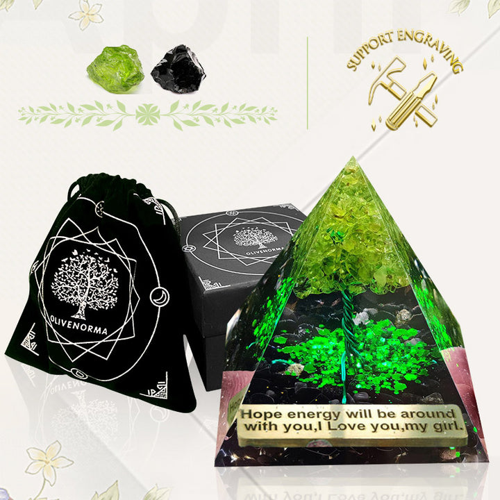 Pirámide de orgón de la suerte de obsidiana de Olivenorma con peridoto